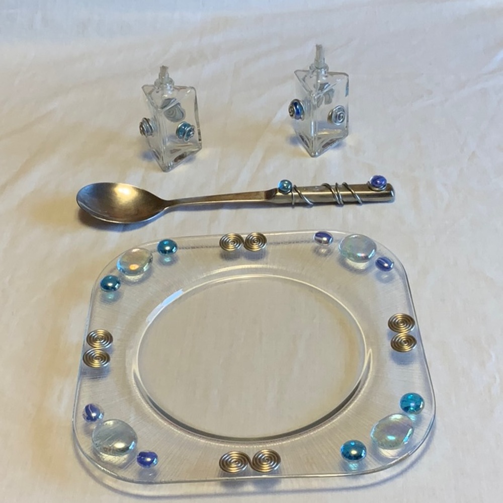 Glass Serving Plate with Beads & Silver Metal,  Matching Spoon & Candle Votives
